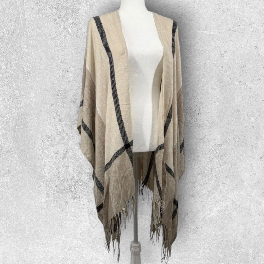 Three Dots Womens Plaid Fringe Poncho Shawl Cashmere Wool Blend One Size OS NEW